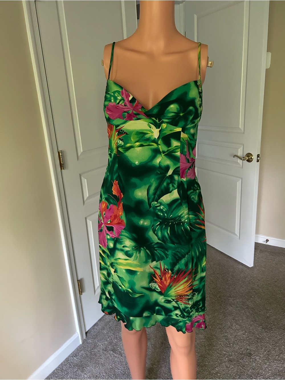 Escada Green Tropical Floral Slip Dress with Pink & Orange Accents two in one